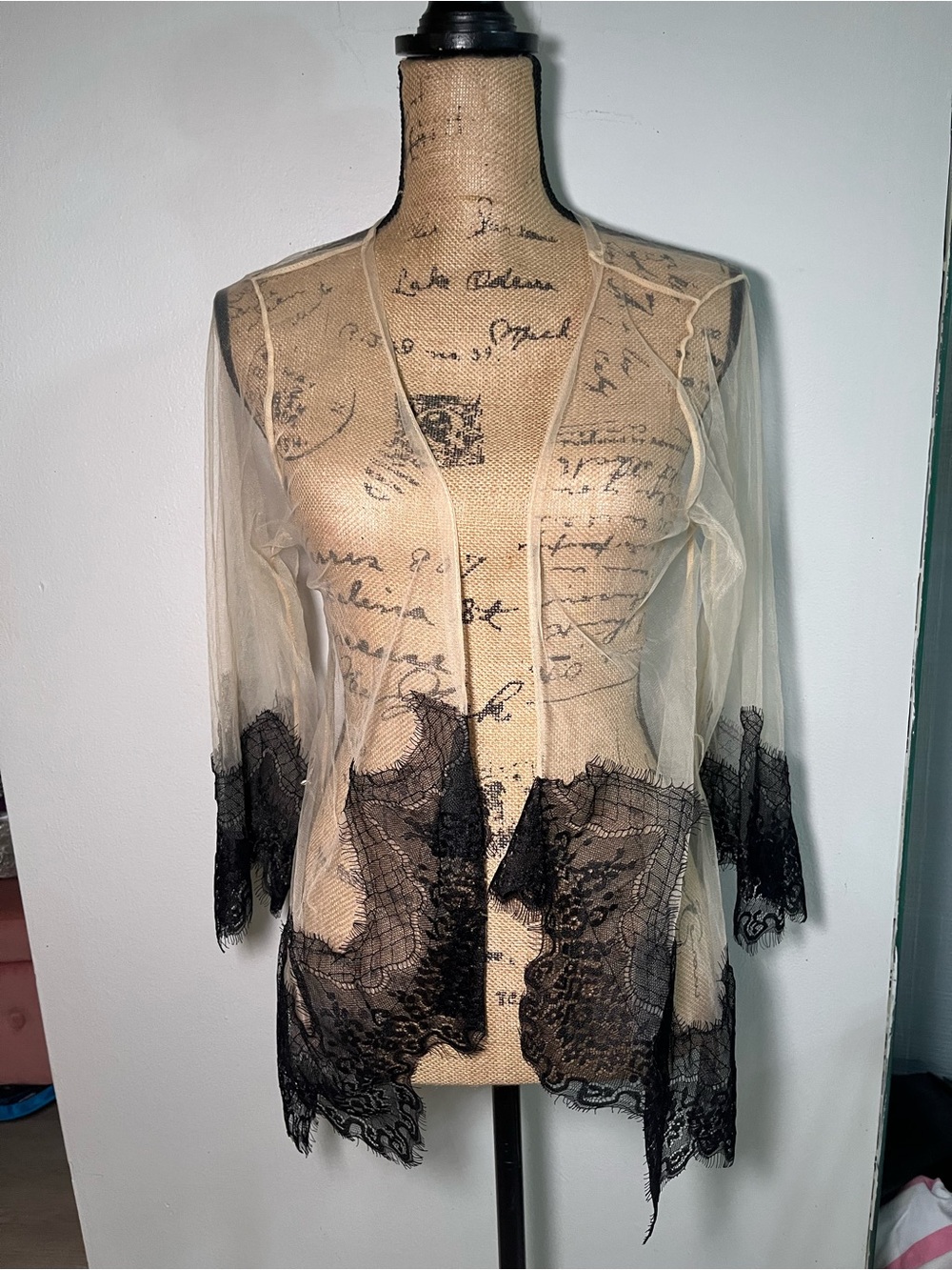 NWT! Sheer Lace Trim Kimono Cardigan - Black One Size